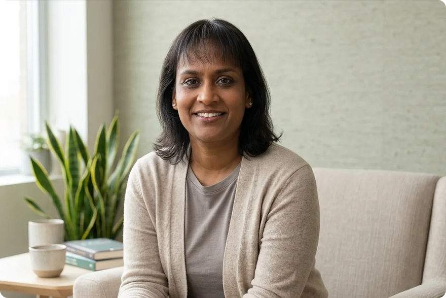 Annu Vijayvargiya, Licensed Professional Counselor, smiling in a warmly lit office